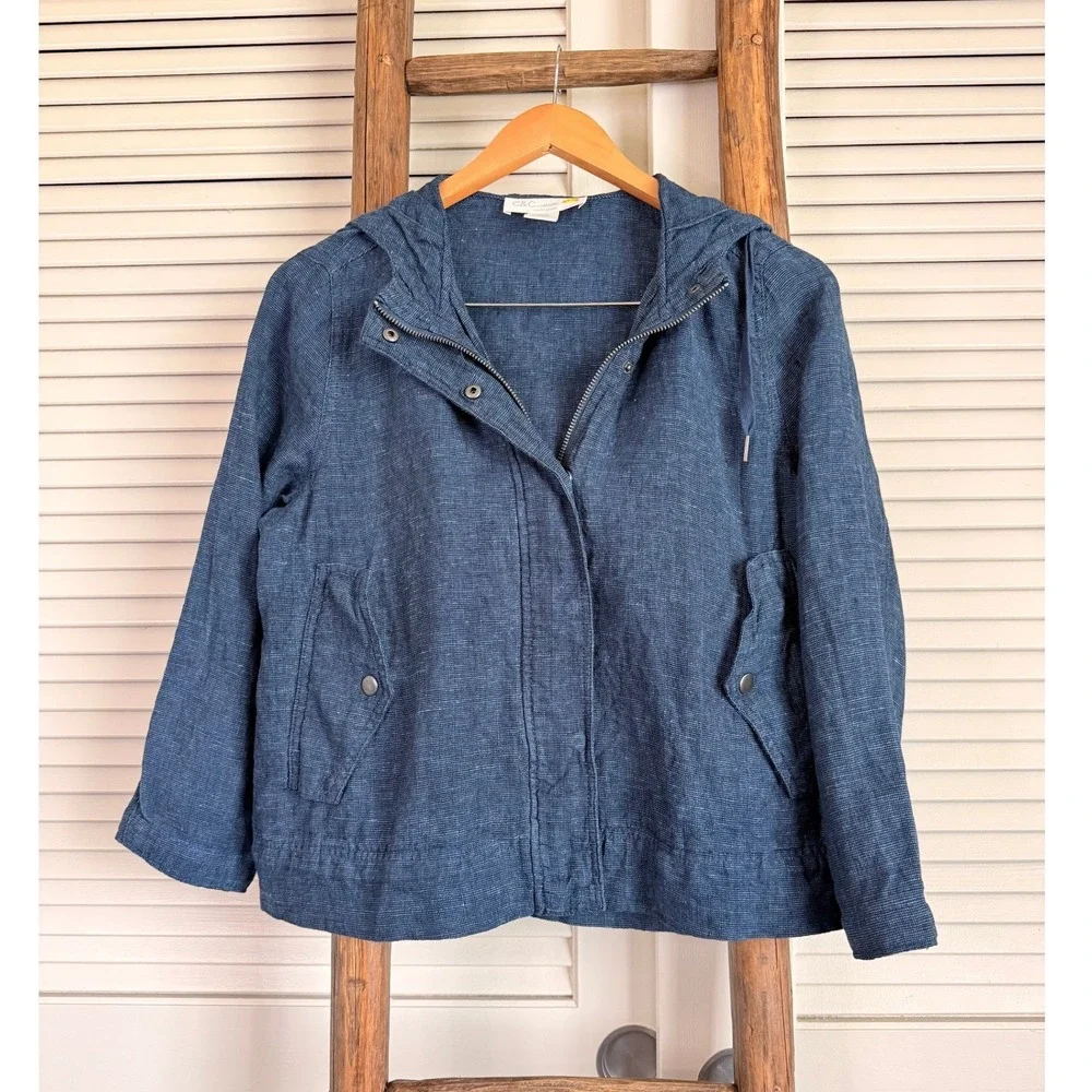 C&C California Linen Hooded Jacket Medium Blue Full Zip Snap Pockets Minimalist